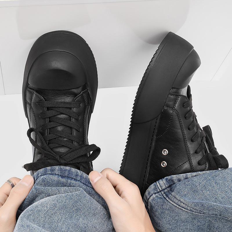 Men's Cleanfit Platform Sneakers All Black Leather-Like Simple Slim Leg Stylish