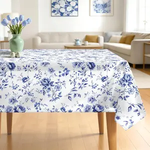 Watercolor Blue Floral Tablecloth Waterproof, Rose Flower Rectangle Table Cloth, Washable Table Cover for Kitchen Dining Party Decor (60*84 Inch)