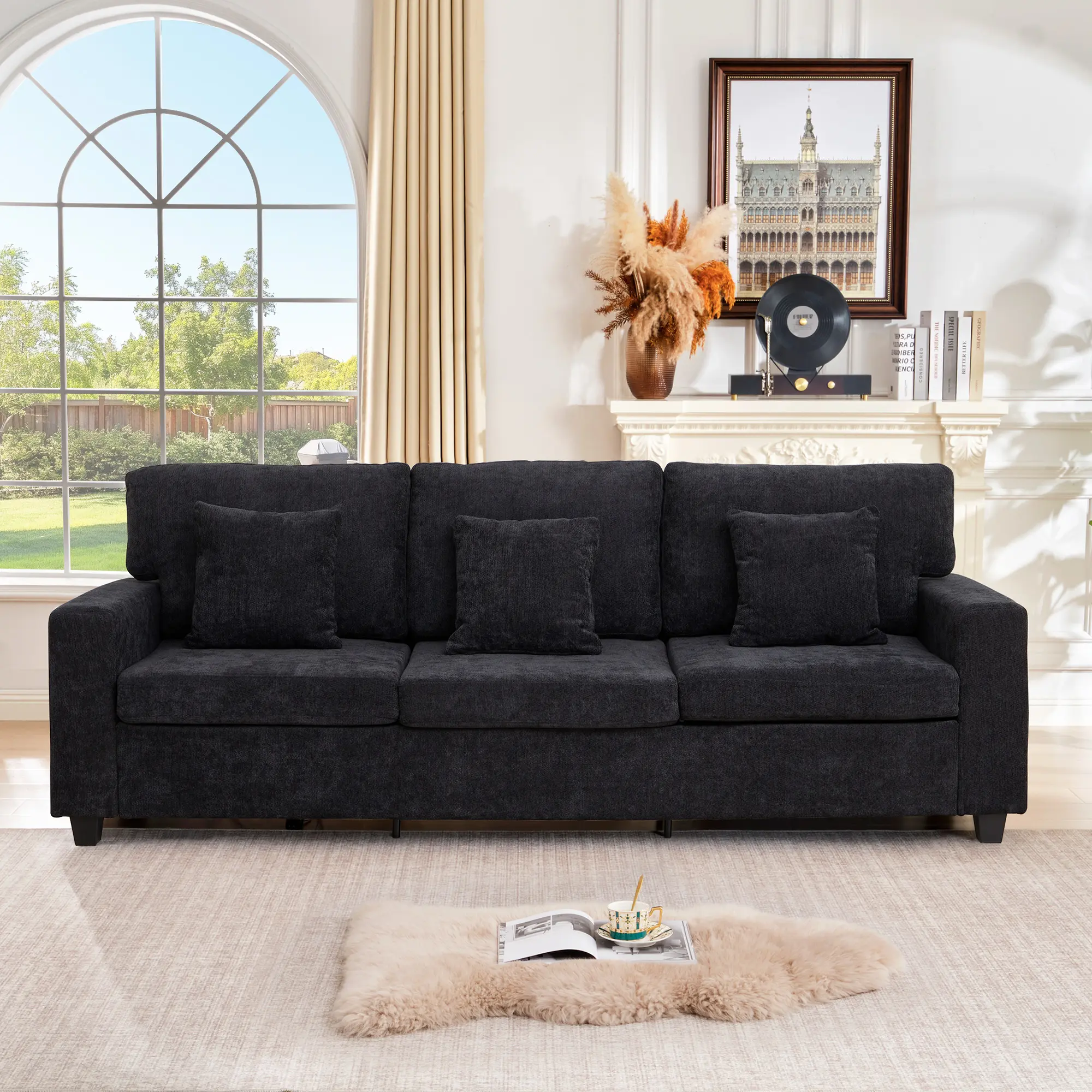 Giratree Chenille 3-Seat Sofa with USB Ports, Modern Upholstered Couch with Removable Washable Covers, High-Density Foam and Spring Cushions for Living Room, Apartment and Office