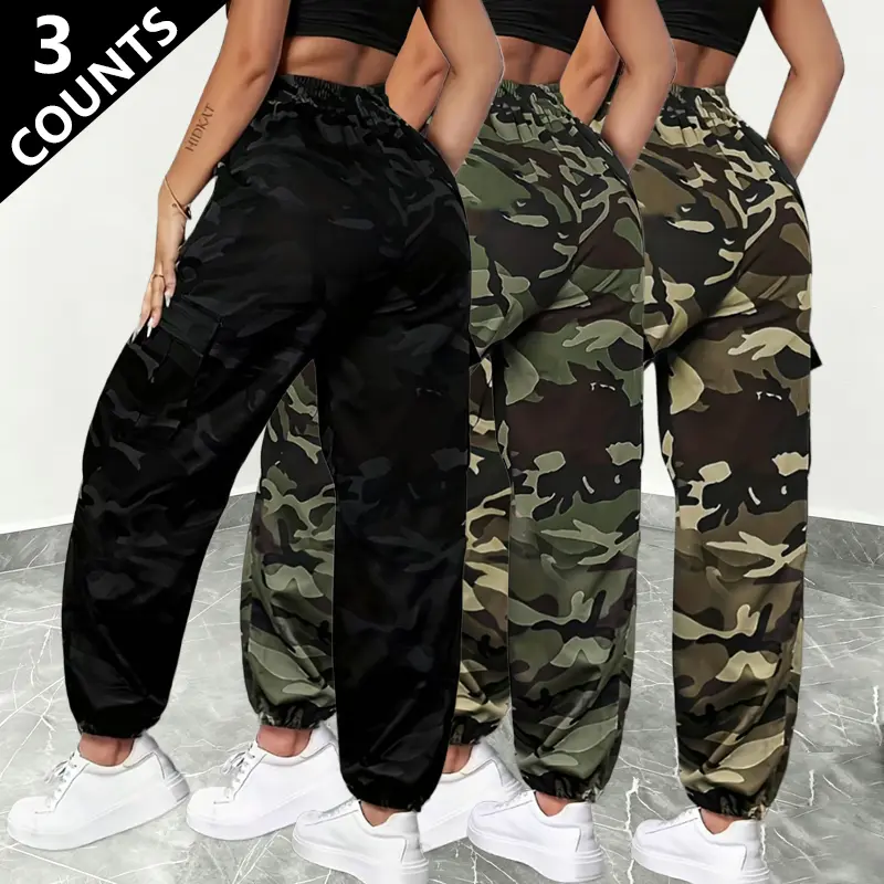 Women’s camouflage cargo pants with a drawstring elastic waistband and multiple pockets;3/1pack， wear-resistant and durable construction; regular fit; casual and comfortable long pants suitable for all seasons and versatile styling.