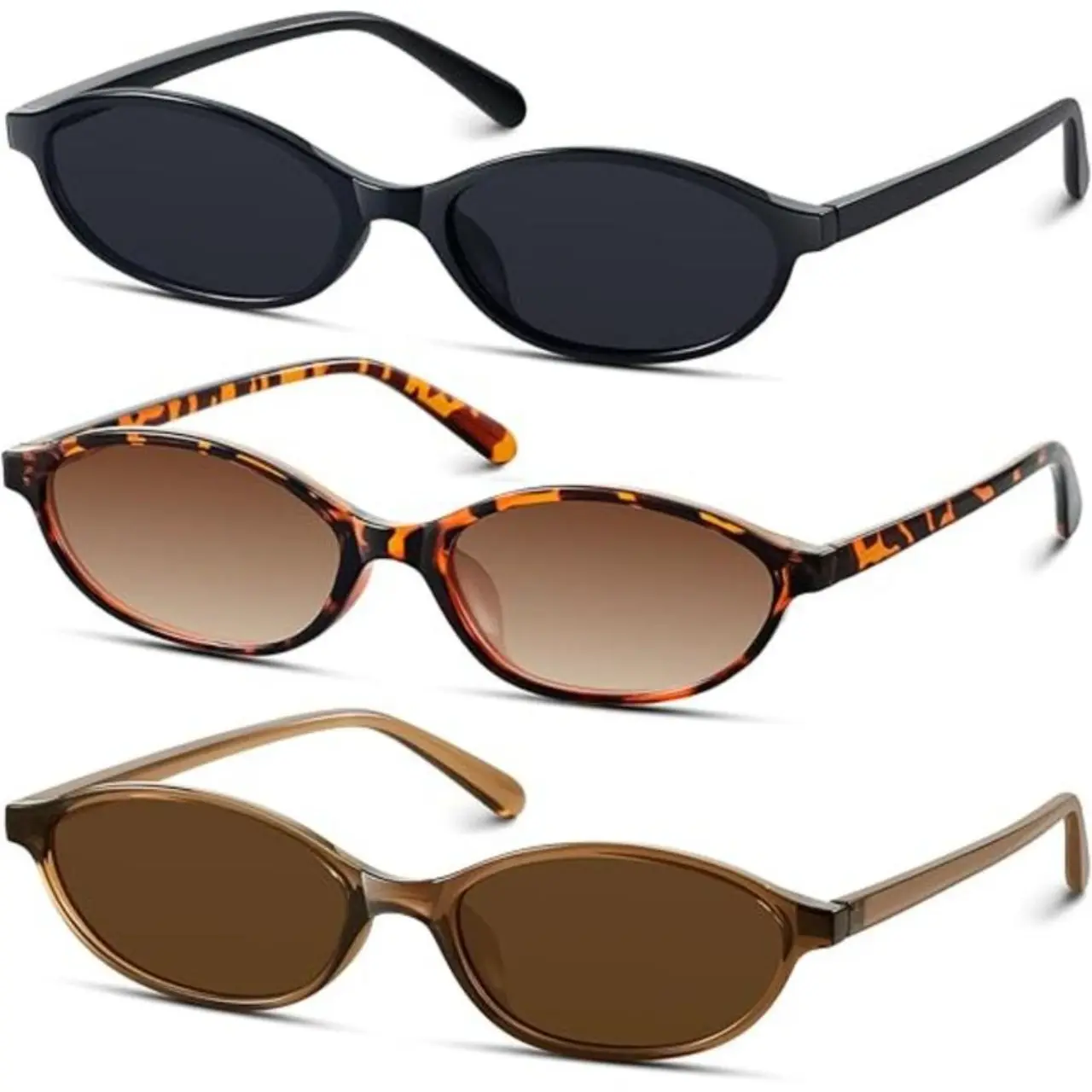Women's 3 PCS Retro Oval Cat Eye Sunglasses - 90s Lightweight Narrow Shades, UV Protection, Stylish Vintage Rich Girl Sunglasses for Women, Stylish Sunglasses