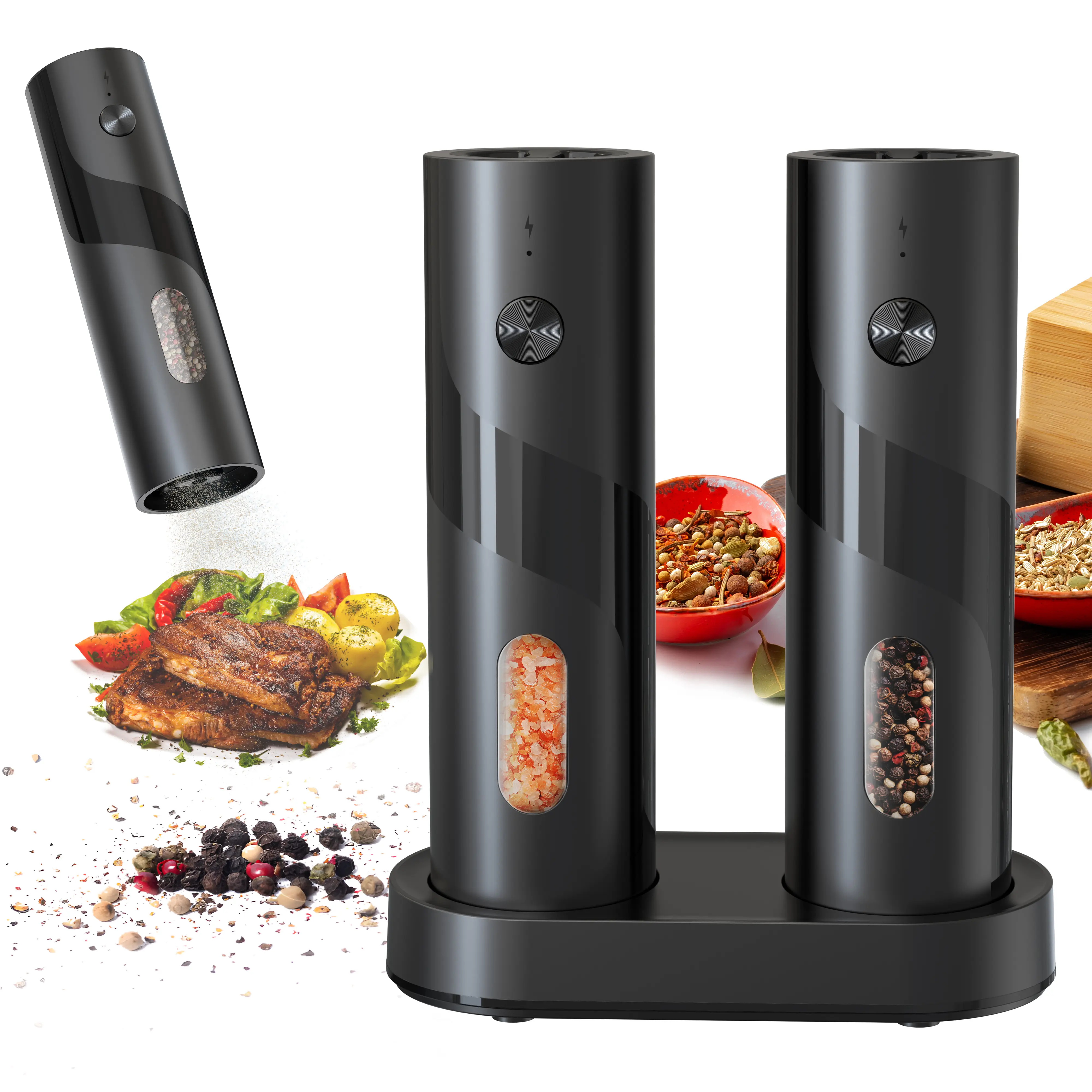 Electric Sea Salt Pepper Grinder Set with Rechargeable Base Large Capacity  Pepper Adjustable Coarseness mixer Kitchen Gadgets Seasoning Utensils