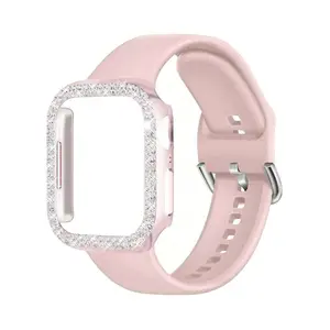 2pcs/Set Pink Soft Comfortable Silicone Watch Band With Shining Rhinestone Decor & Hollow Watch Case, Compatible With Apple Watch Strap 38/40/41/42/44/45/46/49mm, For Apple Watch Series Ultra/SE/11/10/9/8/7/6/5/4/3/2/1, Smartwatch Accessories