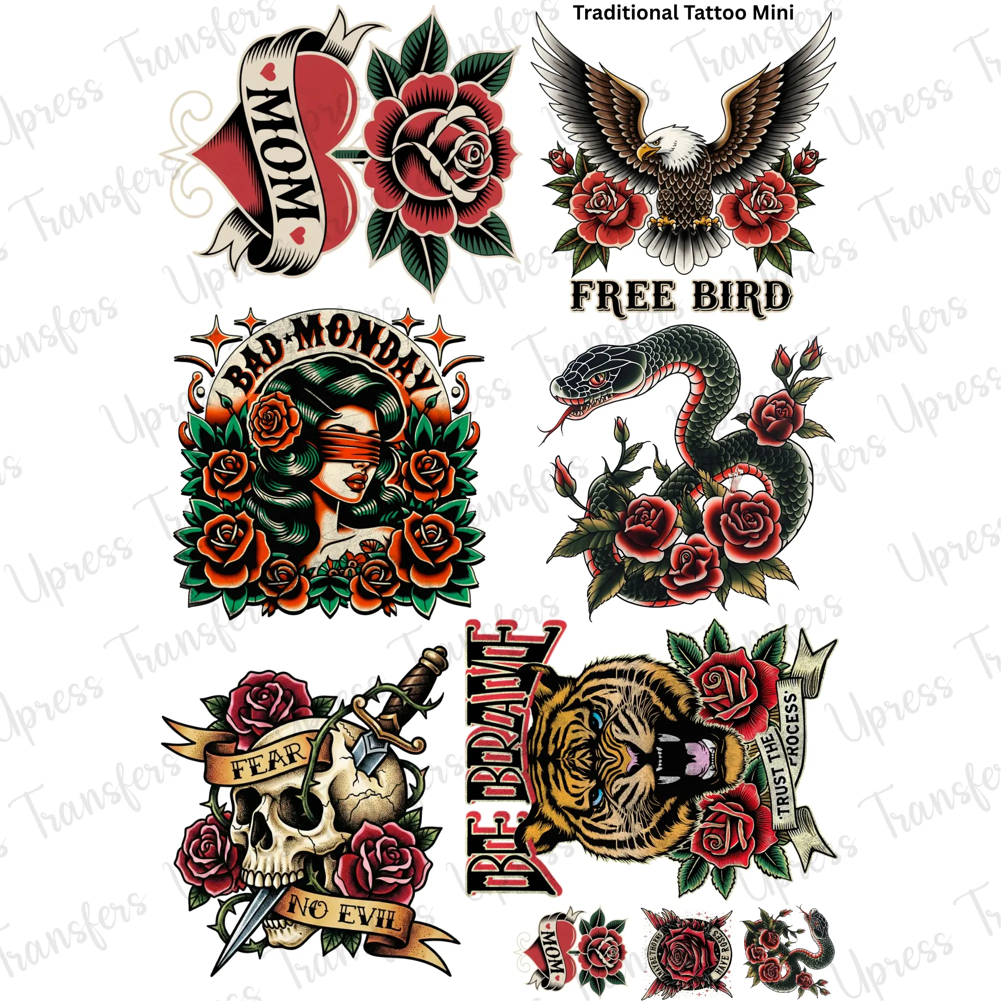 Traditional Tattoo Mini DTF Transfer Gang Sheet 24.5" wide x 36" long. Direct To Film Mini Gang Sheet