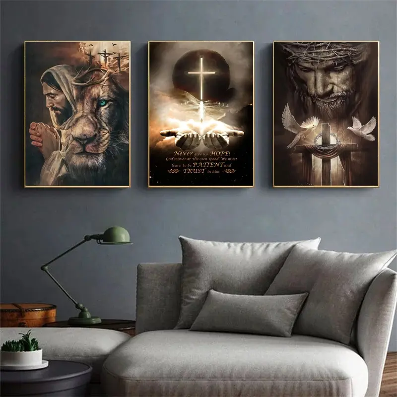 3pcs/set Frameless Classic Christian Wall Art Decorative Artwork Religious Cross Print Bible Jesus Lion And Warrior Oil On Canvas Posters And Prints Home Decor Products Living Room Decoration Gifts