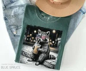 Comfort Colors America 250th Anniversary Shirt, Patriotic Raccoon Drinking Iced Coffee Shirt, USA 250th Anniversary Shirt, 4th of July Coffee Lover T-Shirt
