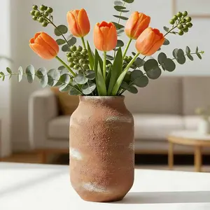 【Memorial Day】Silvanest 9.5” Handcrafted Terracotta Vase, Rustic Clay Textured Pottery for Boho Home Decor, Tall Earthy Ceramic Vase for Pampas Grass & Farmhouse Style outdoorfun