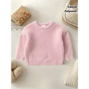 Unisex 0-3 Years Cute Knit Sweater - 100% Polyester Long Sleeve Ribbed Round Neck Pullover with Letter Embroidery, Spring/Fall Casual Wear, Hand Wash or Dry Clean
