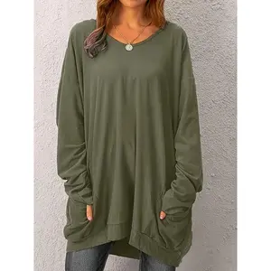 Women's Plus Size Solid Color Pocket Casual Round Neck Long Sleeve Simple Short Basic Comfortable Top