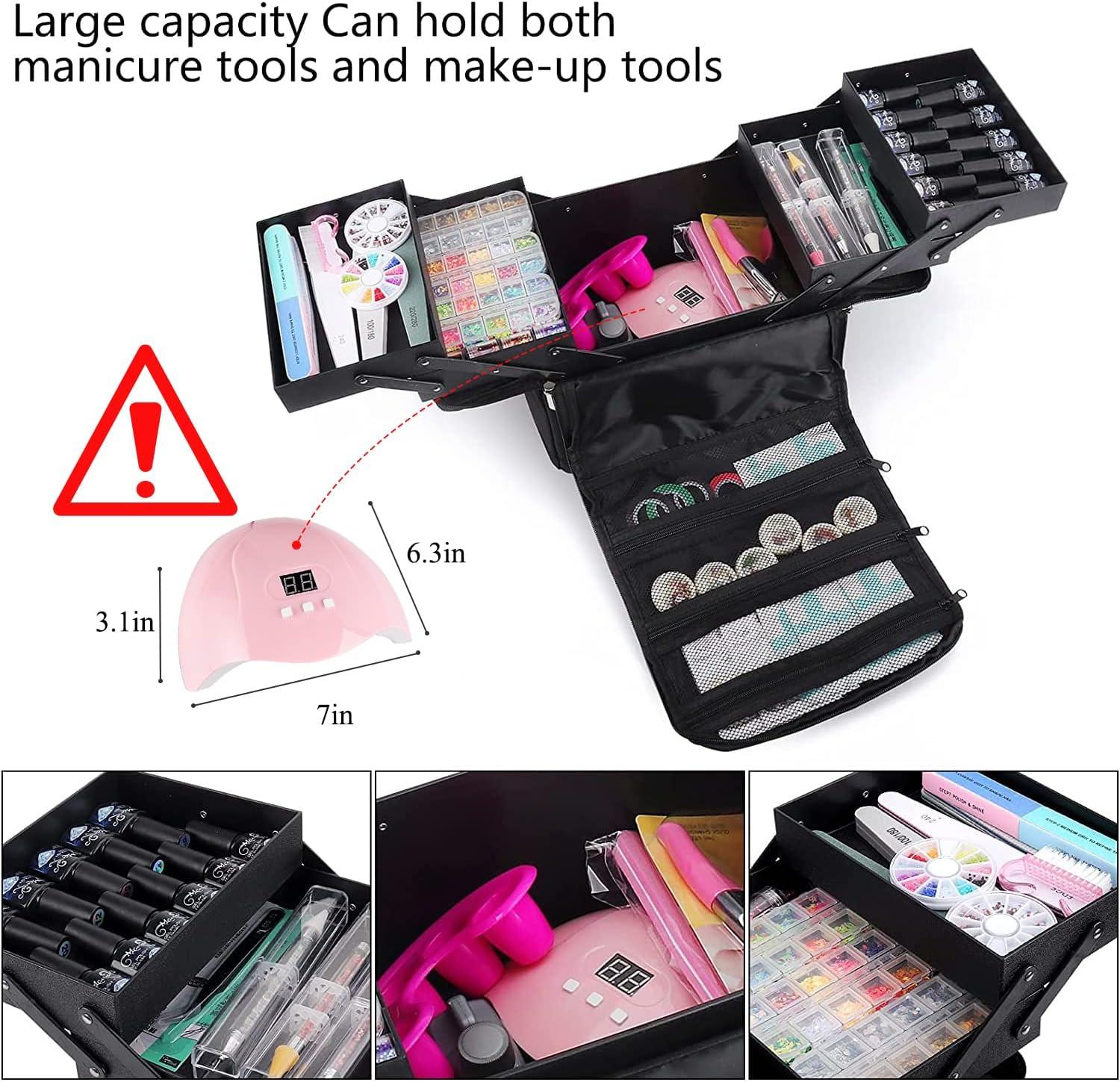 Large Makeup Carrying Train Case for Women, Black Travel Bag Storage Box,4 Tier Professional Nail Organizer Case with Adjustable Dividers for Nail Tools Jewelry MakeUp Brushes