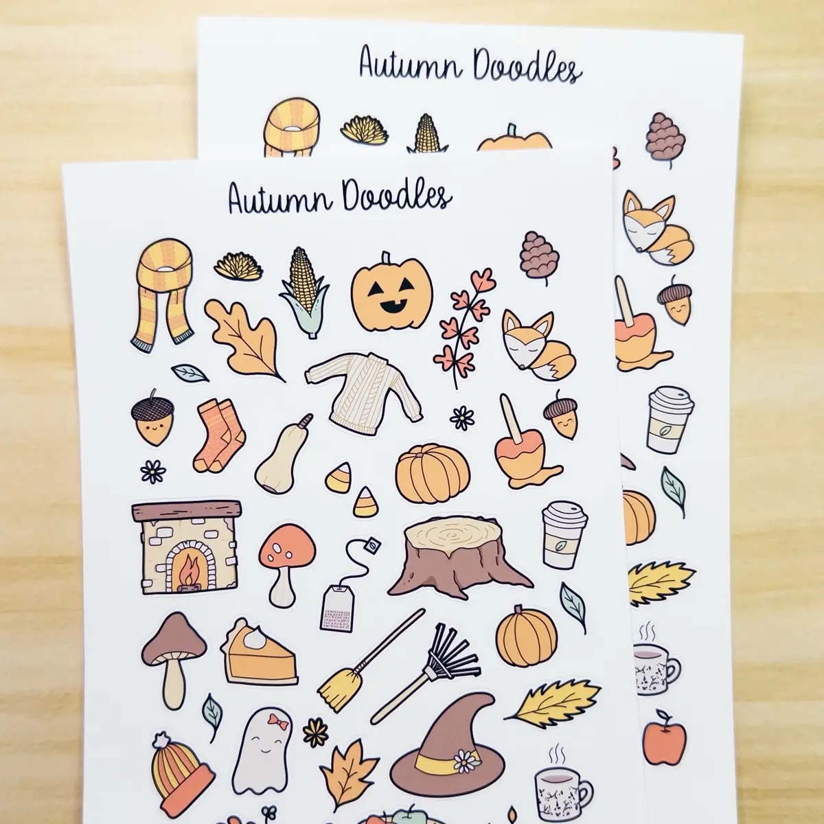Autumn Doodles Deco Planner Sticker Sheet by JWinsorArt - Cute Kawaii Fall Pumpkin Leaves Corn Apples Mushroom Bujo