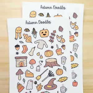 Autumn Doodles Deco Planner Sticker Sheet by JWinsorArt - Cute Kawaii Fall Pumpkin Leaves Corn Apples Mushroom Bujo