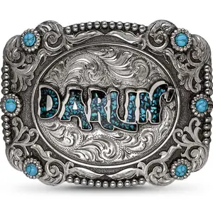 The Darlin Turquoise Belt Buckle  | Western German Silver Handcrafted Scrollwork & Turquoise Stones for Rodeos & Western Events