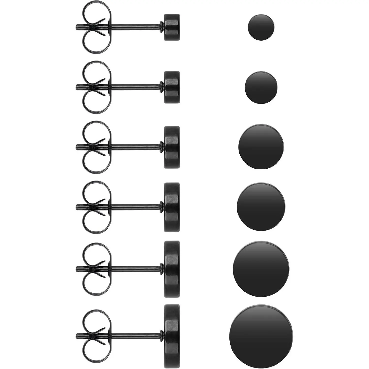 6 Pairs Dot Stud Earrings Black Round Disc Stud Earrings Stainless Steel Ear Studs for Women Men (3 mm-8 mm)