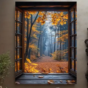 2D flat painting, 2D flat painting, 2D flat painting 1 piece, framed, Autumn Serenity: Foggy Forest Window Scene Canvas Painting, ideal for bedroom and office decoration-3G5152G0152