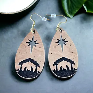 Nativity Wood Christian Earrings - Rustic Dangle Earrings