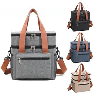 Handheld Shoulder Double-Layer Thermal Insulation Picnic Bag Lunch Container in Black Blue Gray Khaki Colors