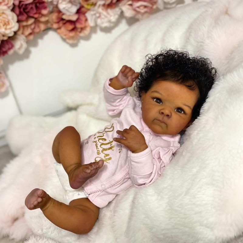 Lifelike Reborn Baby Dolls 18 inch 45 cm Sleeping Mixed Race Black Soft Cloth Body & Curls Realistic-Newborn Dolls African American Real Life Baby Washable Feeding Kit & Gift for Kids