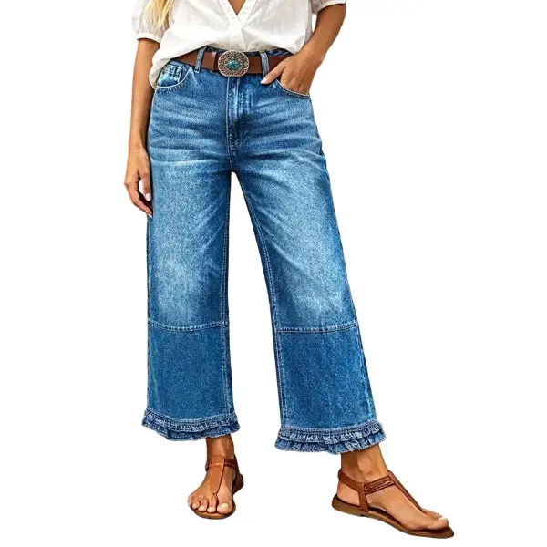 Flamingals Wash Stitch Detail Ruffle Hem High Rise Wide Leg Crop Jeans Without Belt Womenswear Stretchy 25.6" Inseam Flamingals Wash Stitch Detail Ruffle Hem High Rise Wide Leg Crop Jeans Without Belt Womenswear Stretchy 25.6" Inseam