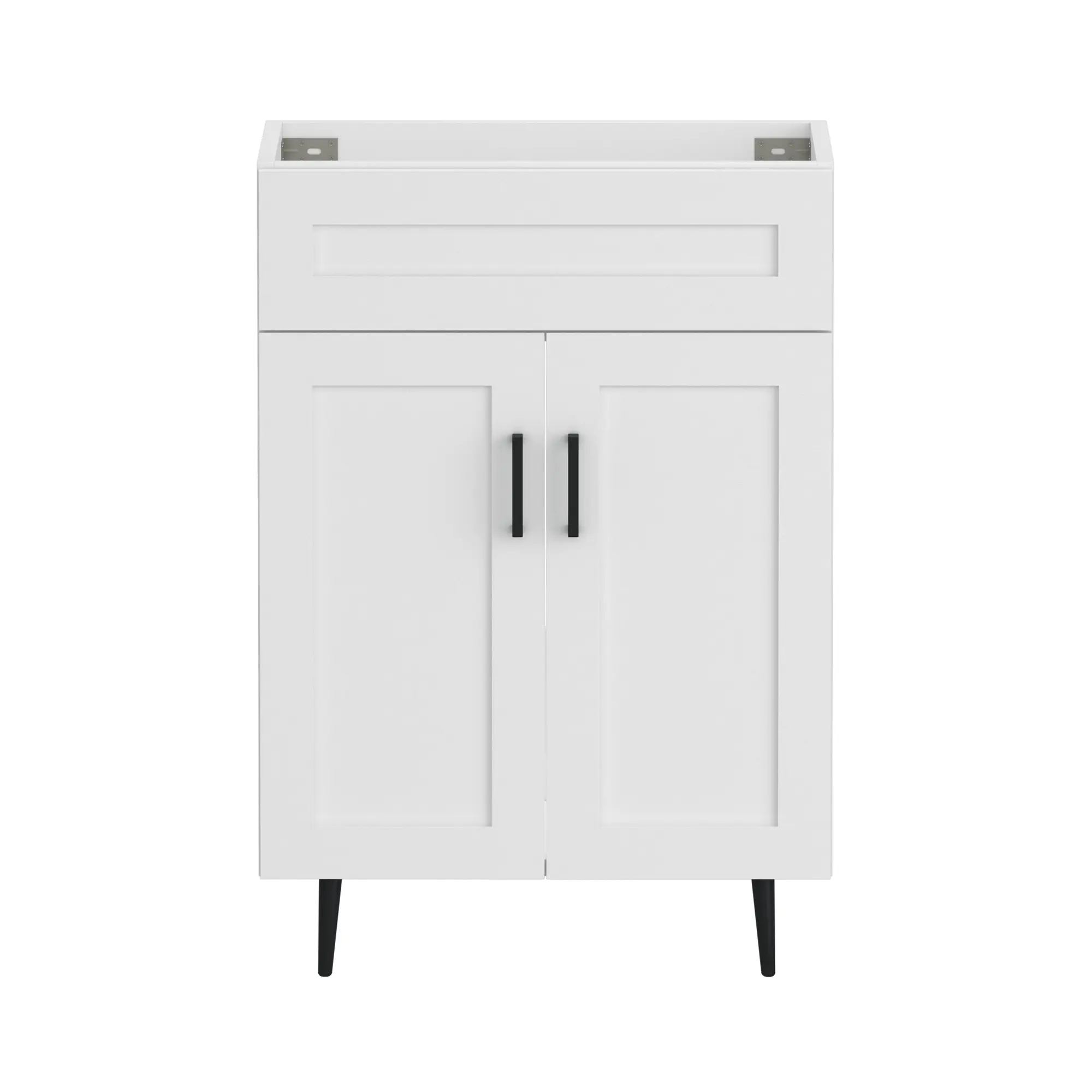 24 Inch Bathroom Vanity with Sink, Modern Wooden Freestanding Bathroom Storage Cabinet with 2 Doors and 1 Drawer, Metal Legs, Painted Surface, White（without sink)