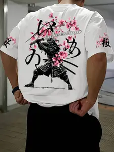 Men's Casual Short Sleeve Round Neck T-Shirt, Cultural, Sakura & Samurai Floral Pattern Print, Comfortable Daily Wear Top, Fitted Style, All Seasons