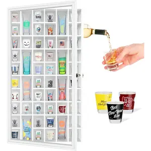 Shot Glass Display Cabinet Solid  - Large Display Case for Collectibles | Man Cave Accessories | UV Protection  Door | Wall Mounted Black Shadow Box | 52 Divided Slots | 32"x17"White