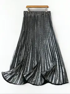 Elegant Silver Color Pleated Midi Skirt, Comfortable A-Line Design, Perfect for Daily Wear & Office, Versatile Women's Fashion