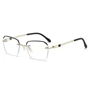 Men's Semi-Rimless Metal Eyeglasses, Premium Lightweight Rectangular Business Glasses, Anti-Blue Light Computer Eyewear for Men, Stylish Rimless Cut-Edge Spectacles Trendy Rectangle Frame