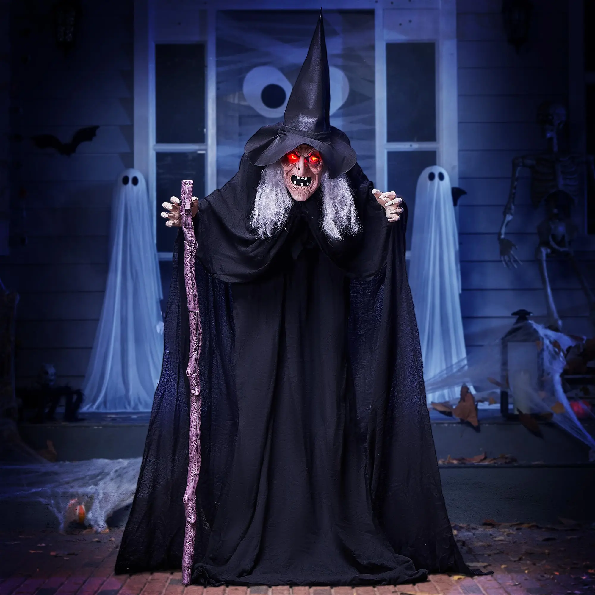 72 Inch Animated Halloween Witch with Cane, Sound Activated Moving Ghost Prop with Light Up Eyes, Life Size Haunted House Decor for Yard Party