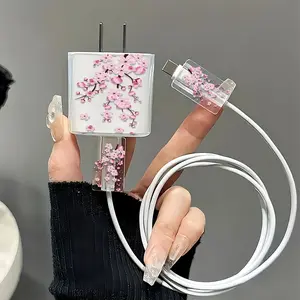 5-Piece Set Transparent Geometric Sakura Charging Head Cover + Data Line Protector Covers + Storage Rope + Cable Organizer for iPhone 15/16 Series