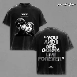 Oasis Live Forever T-Shirt Vintage Washed, Classic Quote Graphic Tee with Band Portrait Print, Oversized Black Heavyweight Cotton Streetwear Shirt