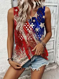 Independence Day stylish women's hollow-out top, vacation-style camisole with V-neck star print. Casual, elegant and commute-friendly, comfy, breathable and easy to wear throughout spring, summer and autumn.