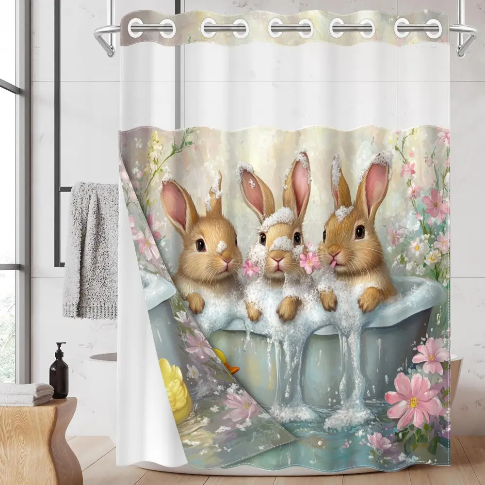 1PC/4PCS 2D Flat Printing Happy Spring Pink Flower Rabbits Bathing Patterned shower curtain, home bathroom decor, Bathroom Decoration Accessories, shower curtain set with 12 hooks, non-slip bathroom rug, U-shaped toilet seat cover, toilet seat mat.