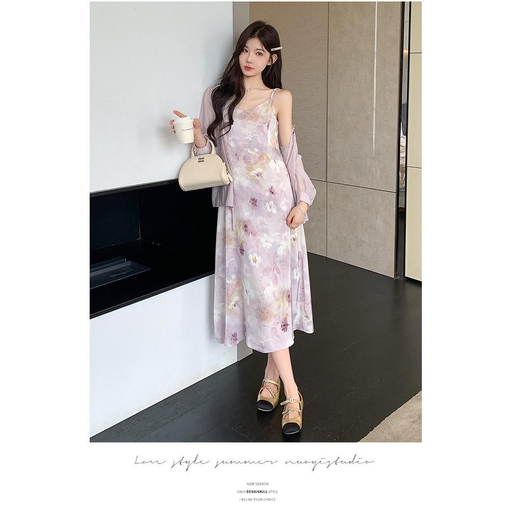 Sweet And Gentle Style Purple Printed Slip Dress Shirt And Cardigan Two-Piece Set