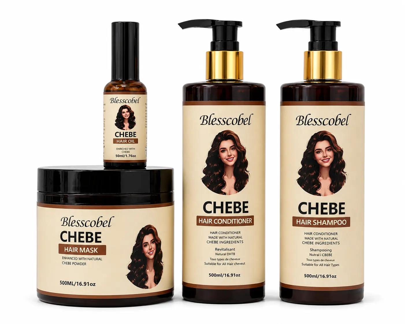 Blesscobel Chebe Hair Care Set Shampoo Conditioner Hair Mask & Hair Oil 4-Piece Haircare Moisture