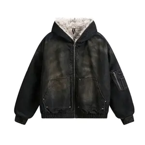 Men's American street washed denim padded cotton jacket, winter fleece - lined outerwear, men's wasteland - style cotton coat Patchwork Hooded  men leatherjacket couple sweatshirt