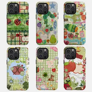 Cute Green Gingham Tough Phone Case – Patchwork Caterpillar Ladybug Strawberry Aesthetic Protective Cover fori Phone Case Compatible with iPhone 15 16 14 17 Pro Max 13 12 11 Drop Protection Rugged and Durable, gift Funny Stickers Protection