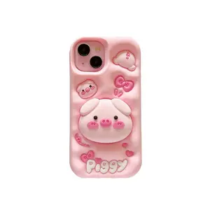 Cute Cartoon Pig Protective Phone Case with Stand, Soft Touch, Anti-Drop, Compatible with Apple iPhone 17 Pro Max/16/15/14/13/12/11 Pro Max Plus