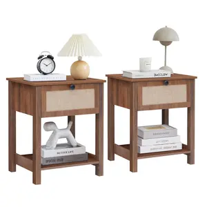 Giratree 21.65" H End Table with Flax Finish Set of 2, Modern Night Stands with Drawer, Farmhouse Bedside Table for Bedroom Living Room