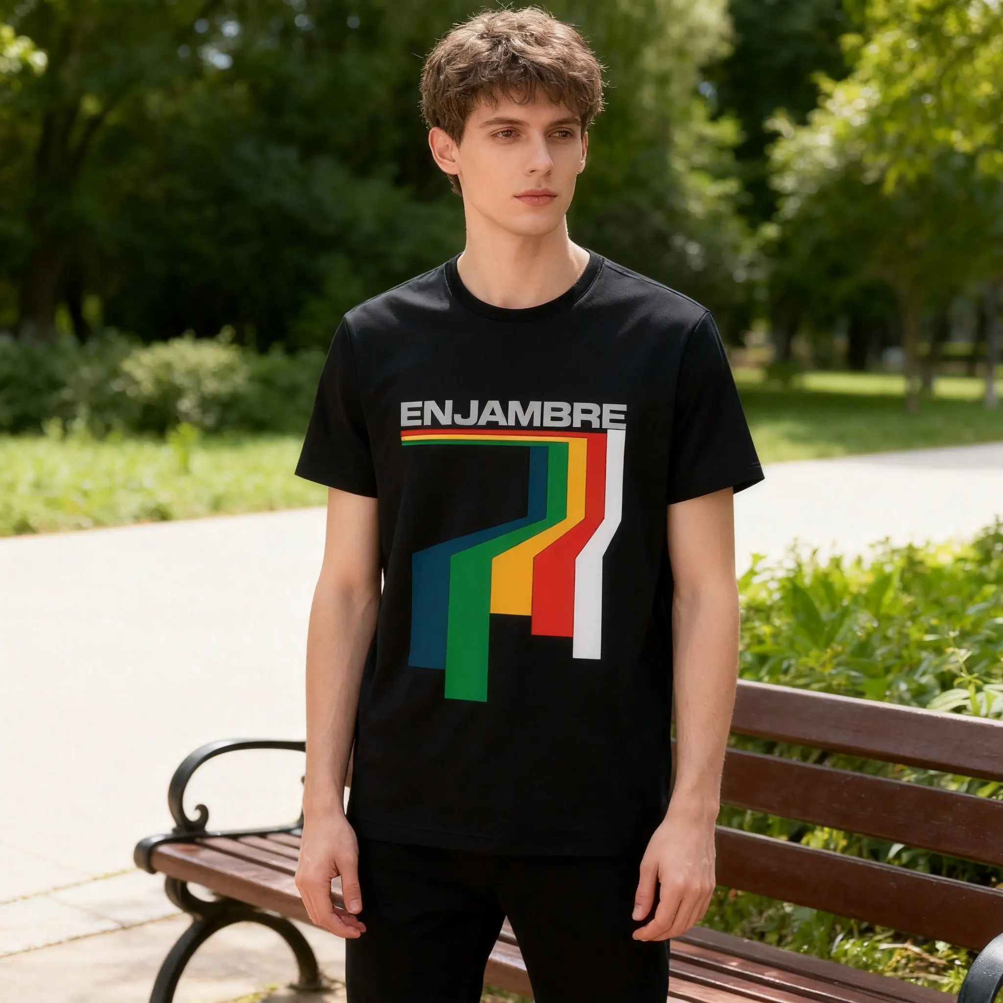 ENJAMBRE Men's Colorful Loose Crew Neck Gradient Striped Geometric Print Short-Sleeve Retro Streetwear Casual Summer Top - Classic Fit, Sizes S-5XL