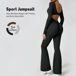 Women’s workout scrunch flare jumpsuits — sexy backless butt-lift gym yoga jumpsuit, long-sleeve backless flare jumpsuit, scrunch V-back yoga romper