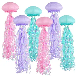 6PCS Jellyfish Paper Lanterns, Under The Sea Party Decorations, Hanging Jelly Fish for Mermaid Ocean Themed Birthday Party Decorations, Classroom Decor (Blue Pink Purple）