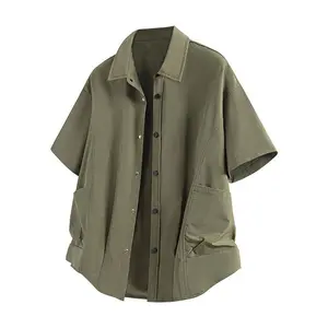 Vintage workwear short-sleeve shirt with a structured look; men’s summer streetwear loose-fit brand-name shirt; vintage short-sleeve shirt; lightweight summer cargo shirt jacket with pockets