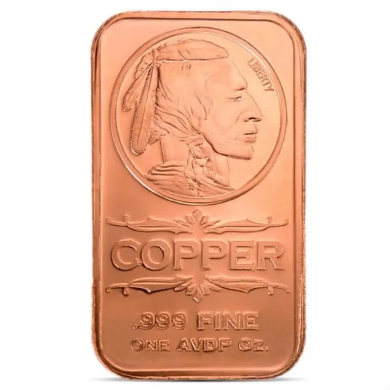 1 OZ Copper Bullion Bar .999 Fine Pure USA Made with Native American Design and One AVDP oz Weight