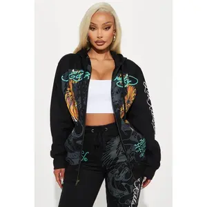 Ed Hardy Crawling Tigers Zip Front Hoodie - Black R