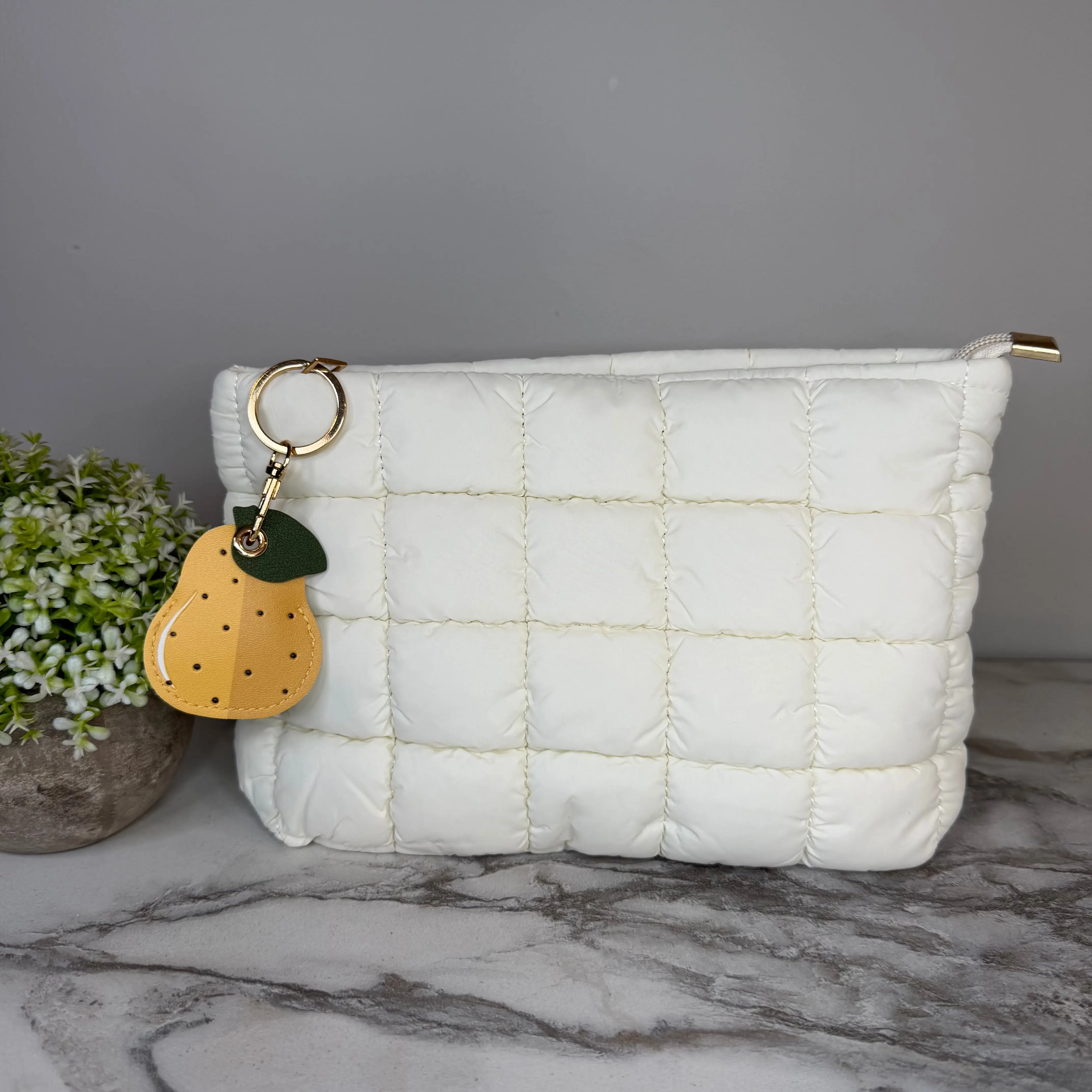 Ivory Puffer Pouch Adorable Bundle - Quilted Gifting Set with Soft Puffy Texture, Includes Keychain, Clutch Pouch, Wristlet, Basic