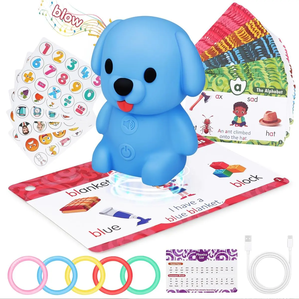 Talking Phonics Flash Cards with ReaderDog, Learn to Read with 81 Pages, 81 Sentences, 592 Words & 81 Stickers, Toddler Educational Learning Toys for Kids Ages 3–8, Kindergarten, 1st Grade, 2nd Grade