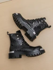 Men's Stone Texture Patent Leather Lace Up Platform Ankle Chukka Boots Round Toe Chunky Lug Sole Non-Slip High Top Combat Boots with Metal Accents for Business Work Casual Party Outfit chelsea  boot