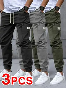 Men's 3-Pack Casual Solid Work Pants with Multiple Flap Pockets Front Drawstring Outdoor Running Pants 100% Polyester Non-Stretch Regular Fit for All Seasons