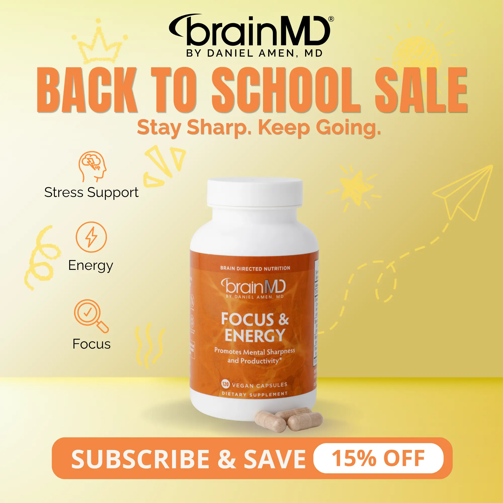 Focus & Energy | BrainMD | 120 Capsules | Focus & Mental Energy Support | Stress Resilience & Alertness Support | Sensoril Ashwagandha, Rhodiola & Ginseng